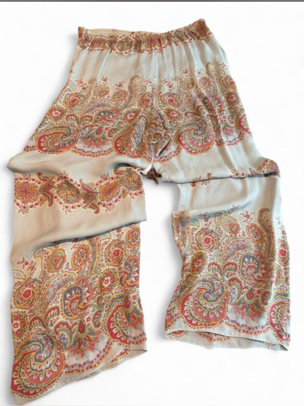 Adrienne Vittadini Silk Paisley Wide-Leg Pants in Light Blue and Coral